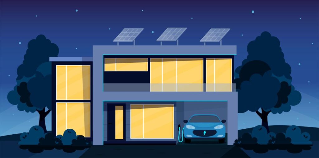 Illustration of home with electric vehicle charging